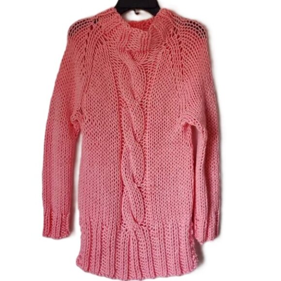 Women's Fall Sweater Knitted Barbie Pink Cable Knit Fisherman Design Long Cozy - Picture 1 of 8